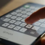 Mãos digitando rapidamente em um teclado virtual de iPhone, destacando a agilidade e eficiência.