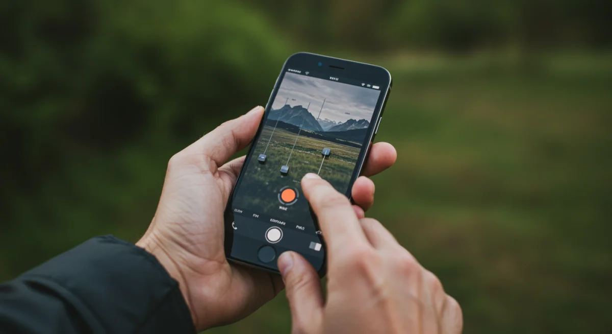 Mãos de fotógrafo editando uma imagem de paisagem em um iPhone, utilizando um aplicativo de edição de fotos com foco na precisão e facilidade de uso.