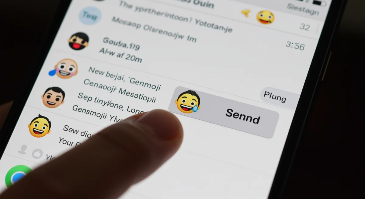 Dedo do usuário tocando no botão 'Enviar' no aplicativo Mensagens do iOS 18, com um Genmoji recém-criado visível na mensagem pronta para ser enviada.