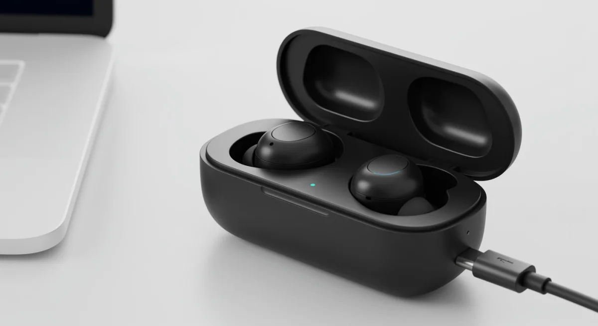 Estojo de carregamento sem fio aberto com fones de ouvido Bluetooth dentro, conectado a um cabo de carga.