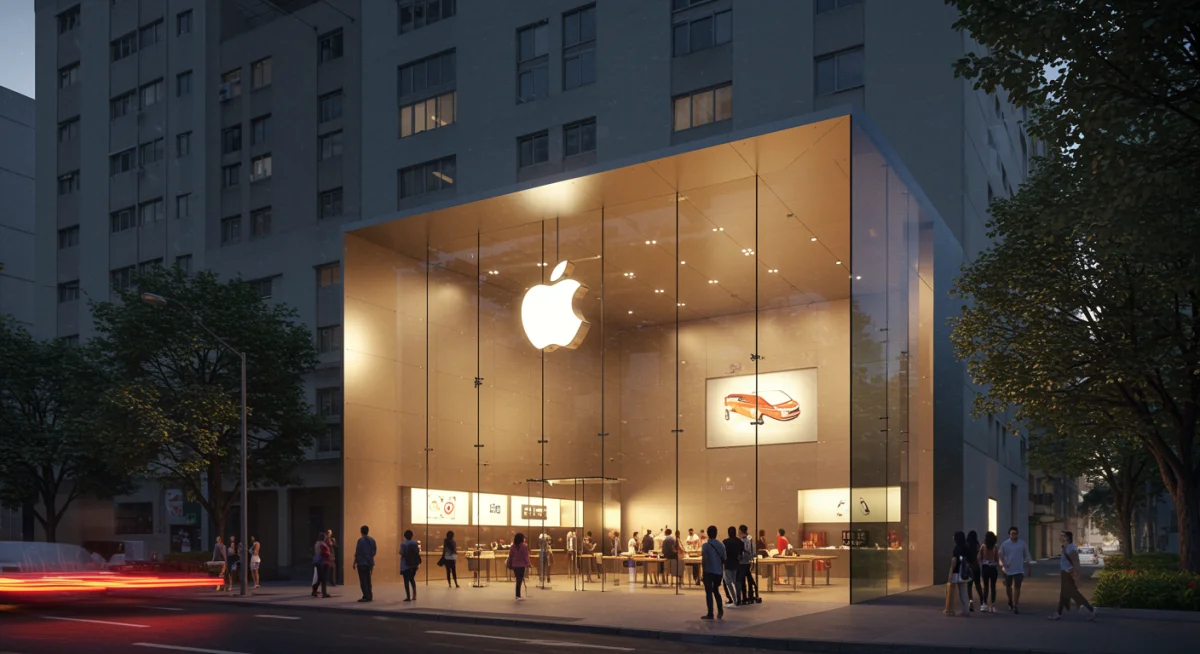 Fachada externa da nova Apple Store em São Paulo, com seu design moderno e o logotipo icônico iluminado.