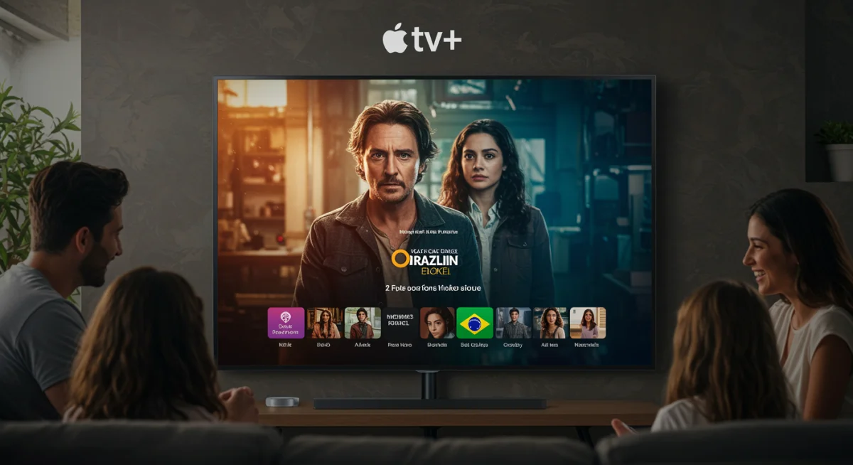 Família assiste a uma nova série brasileira no Apple TV+, exibida em uma televisão moderna em uma sala de estar aconchegante.