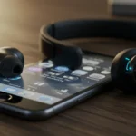 Fones de ouvido Bluetooth modernos ao lado de um iPhone, com tela exibindo aplicativo de música.