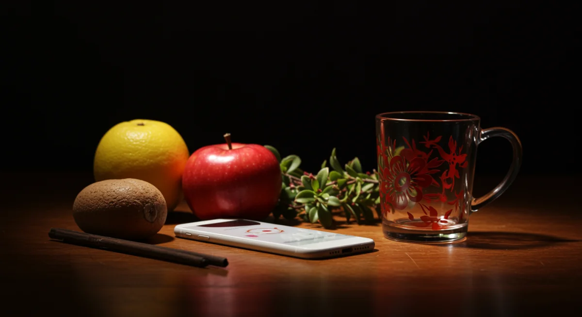 Fotografia artística tirada com iPhone em ambiente interno com pouca luz, destacando a riqueza de detalhes e cores.