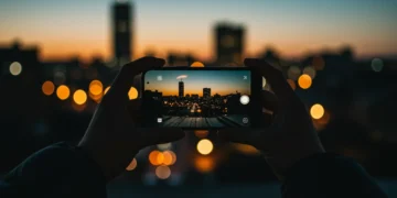 Pessoa fotografando uma paisagem urbana noturna com um iPhone, demonstrando a capacidade de captura em pouca luz.