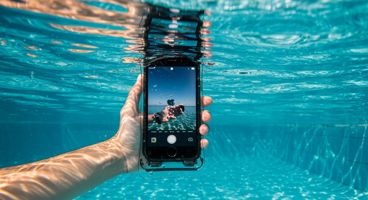 Usuário fotografando debaixo d'água com iPhone em case à prova d'água