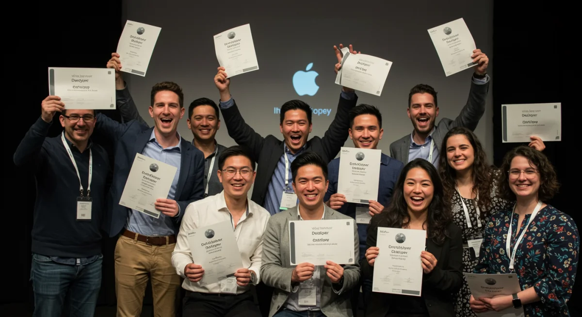 Graduados do programa de treinamento iOS da Apple no Brasil, celebrando a conclusão e o início de novas oportunidades de carreira.