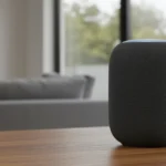 HomePod (2ª Geração) em um ambiente moderno, destacando seu design elegante e interface luminosa.