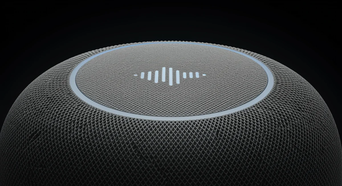Interface de toque superior do HomePod (2ª Geração) com a onda sonora da Siri iluminada.