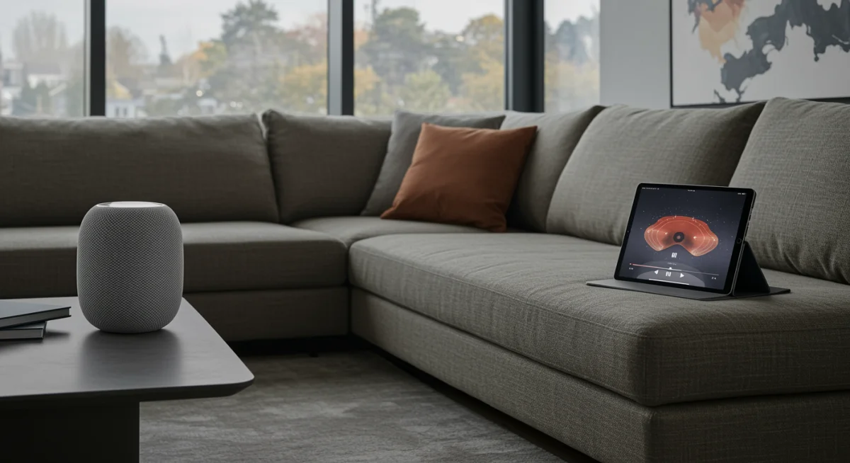 Dois HomePods (2ª Geração) configurados em par estéreo em uma sala, com um iPad exibindo músicas.