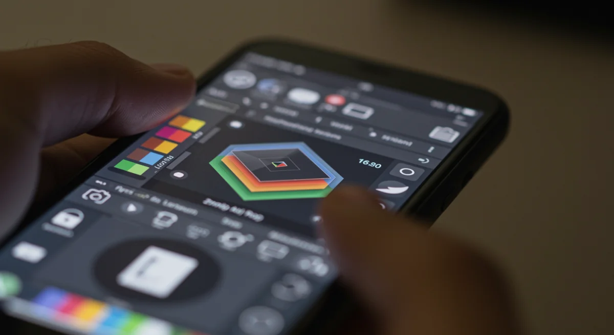 Interface de um aplicativo de design gráfico no iPhone, mostrando ferramentas de edição e camadas.