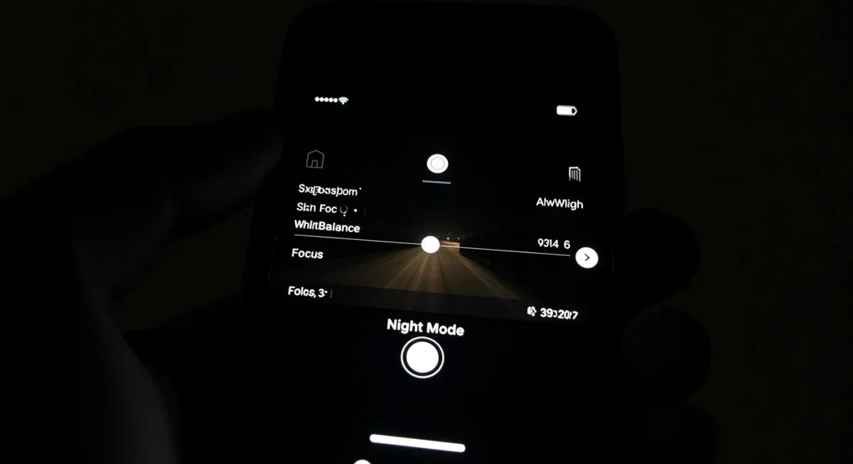 Interface do modo Noite do iPhone com configurações de exposição e foco para otimizar fotos em ambientes escuros.
