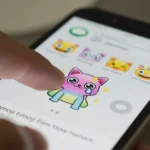 Captura de tela do iOS 18 mostrando a criação de um emoji personalizado divertido e colorido usando o recurso Genmoji, com uma mão interagindo com a interface.