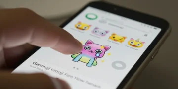 Captura de tela do iOS 18 mostrando a criação de um emoji personalizado divertido e colorido usando o recurso Genmoji, com uma mão interagindo com a interface.