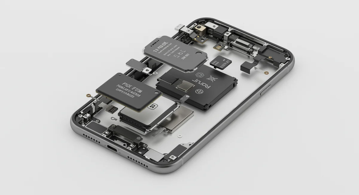 Diagrama de componentes internos do iPhone 17 Pro, detalhando o chip, bateria e sistema de resfriamento.