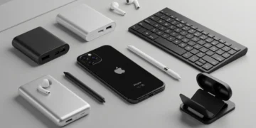 Configuração de trabalho moderna com iPhone e acessórios de produtividade em 2025