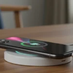 iPhone 15 Pro sendo carregado sem fio em uma base moderna, destacando a conveniência da tecnologia.