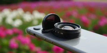 iPhone com lente externa acoplada, capturando uma imagem de alta qualidade.