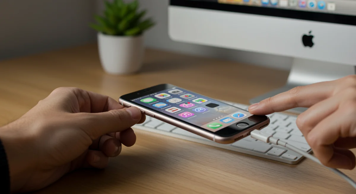 iPhone conectado a um computador via cabo USB, ilustrando o processo de restauração ou atualização do sistema.