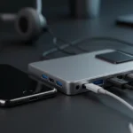 Um iPhone conectado a um hub USB-C com múltiplos acessórios em um ambiente tecnológico moderno.