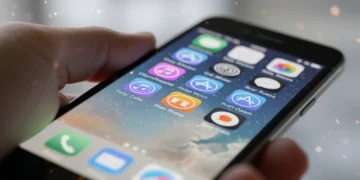 Tela de um iPhone com elementos visuais do iOS 18 destacando recursos inovadores e pouco conhecidos, em um ambiente moderno e tecnológico.