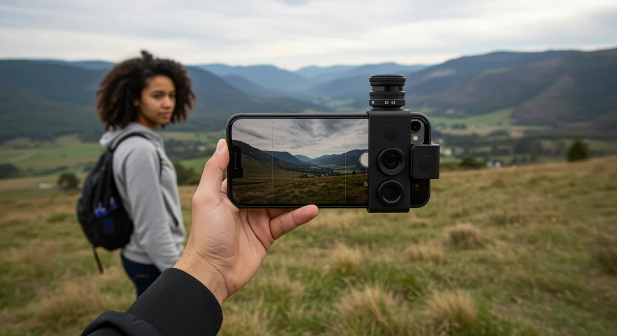 Pessoa utilizando um iPhone com lente teleobjetiva para fotografar uma paisagem distante.