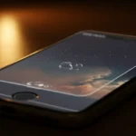 Um iPhone com protetor de tela aplicado, quase imperceptível, refletindo a luz ambiente.