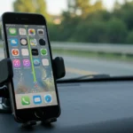 iPhone montado em suporte de carro no painel, exibindo aplicativo de navegação.