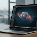 MacBook Pro 2025 com chip M5 em uso, exibindo software de design gráfico avançado e com alta produtividade.