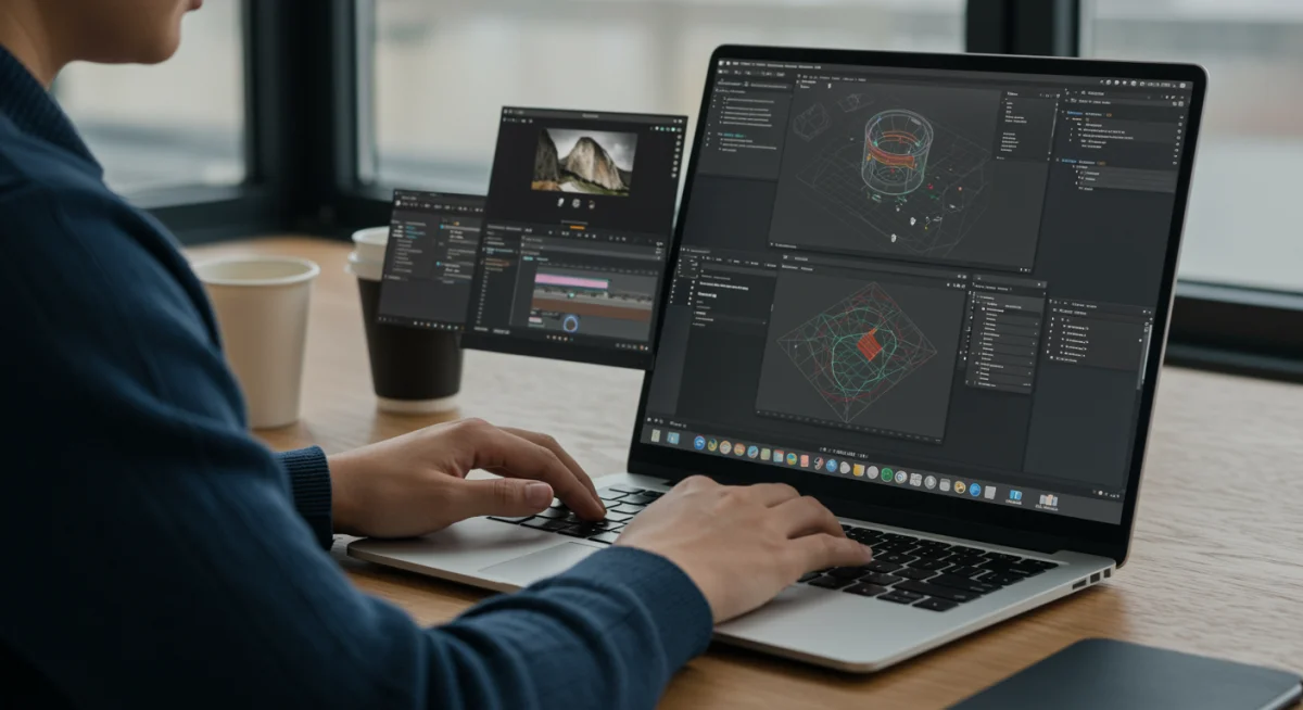 Profissional usando MacBook Pro 2025 para multitarefas complexas, com edição de vídeo e modelagem 3D.