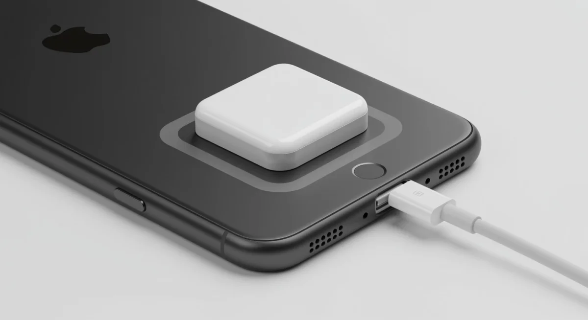Carregador MagSafe conectado magneticamente à parte traseira de um iPhone, destacando a precisão do alinhamento.