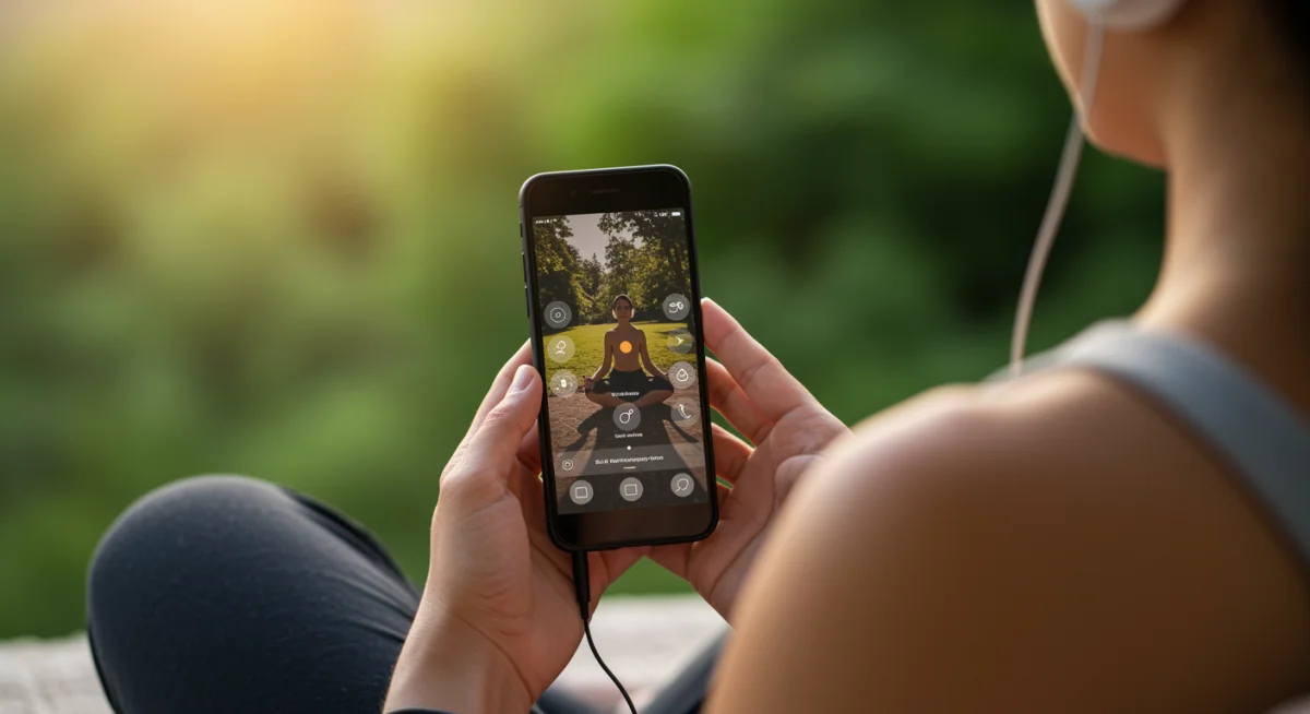 Indivíduo meditando com fones de ouvido, utilizando um aplicativo de bem-estar para gerenciamento do estresse e saúde mental.