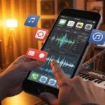 Músico utilizando apps de criação e edição musical em um iPhone, com instrumentos de fundo.