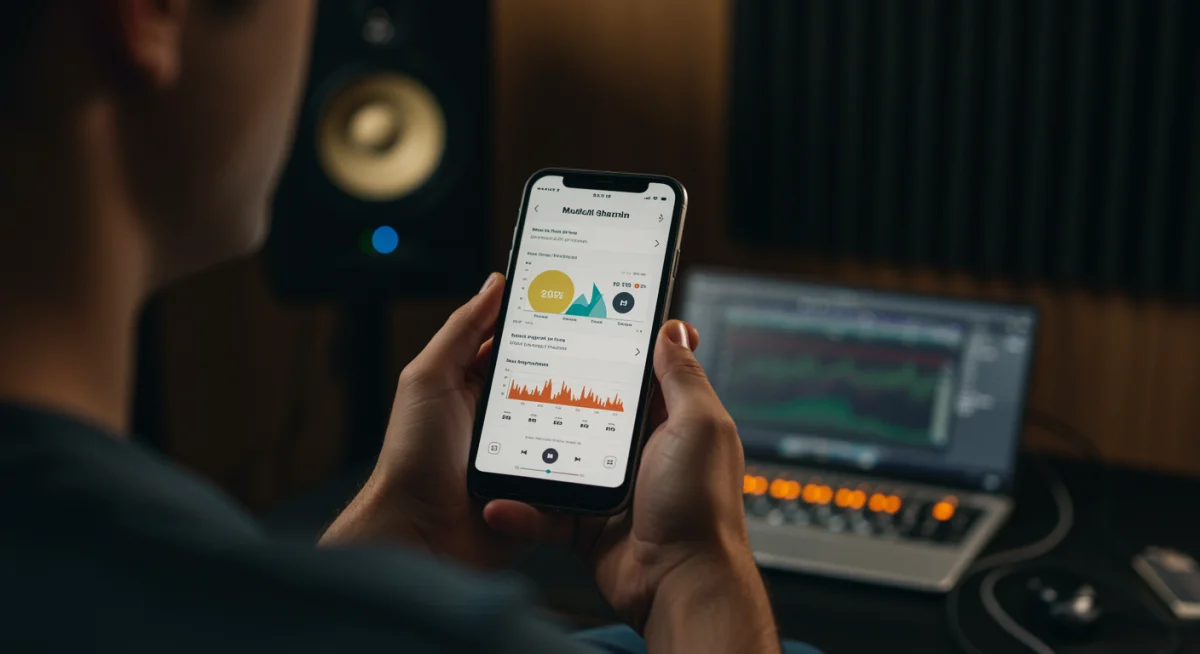 Músico analisando métricas de compartilhamento de música em um aplicativo no iPhone.