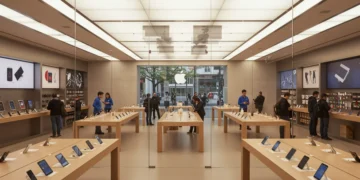 Interior moderno e movimentado da nova loja da Apple em São Paulo, com produtos em exposição e clientes sendo atendidos.