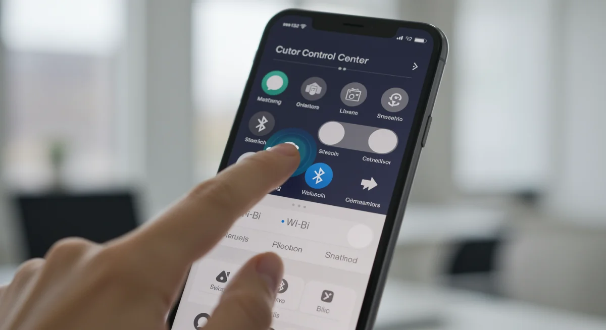 Mão utilizando o iPhone para personalizar a Central de Controle no iOS 18, com diversos ícones de configurações visíveis.