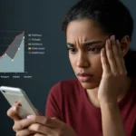 Pessoa preocupada olhando para o celular com gráfico de consumo de dados móveis ao fundo, simbolizando a necessidade de economizar internet.