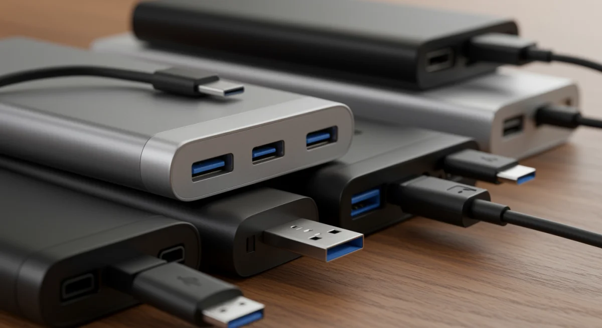 Detalhe de portas de carregamento (USB-C, USB-A, Lightning) em diferentes modelos de baterias externas.