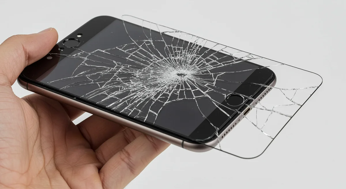 Protetor de tela de iPhone rachado após impacto, protegendo a tela original do aparelho.