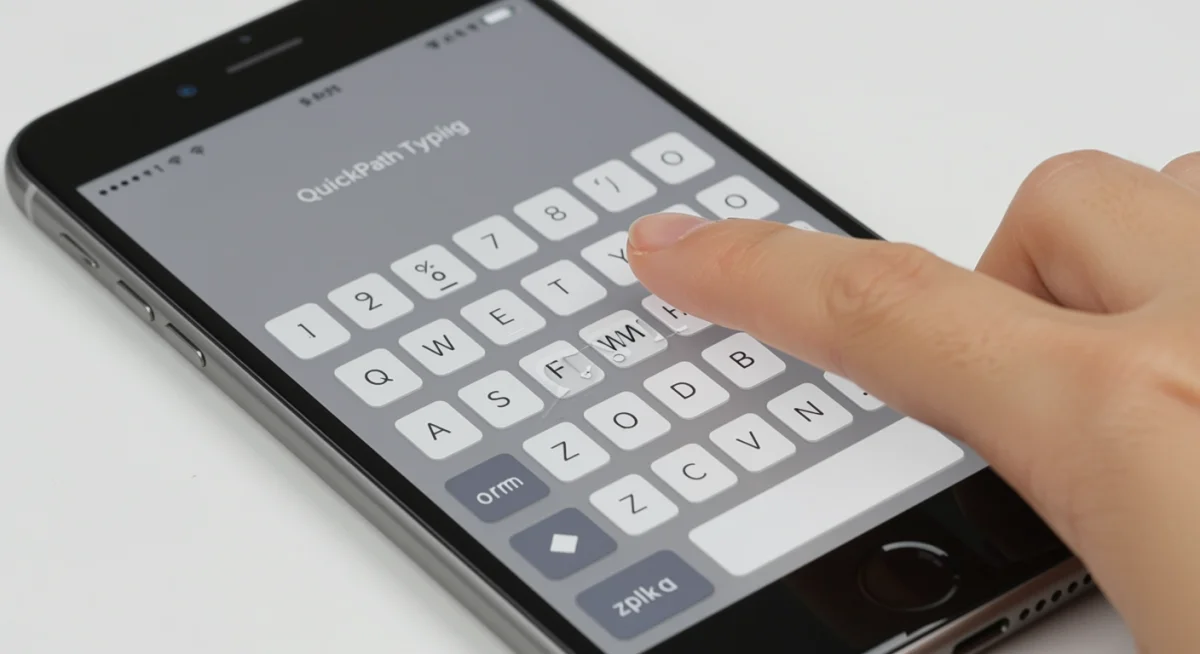 Usuário utilizando a digitação por deslize (QuickPath) no teclado do iPhone para agilizar a escrita.