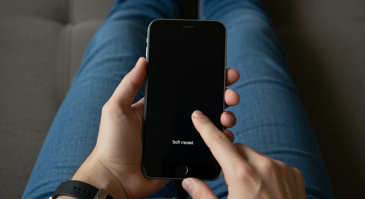 Pessoa realizando um soft reset em um iPhone para resolver problemas de conectividade.