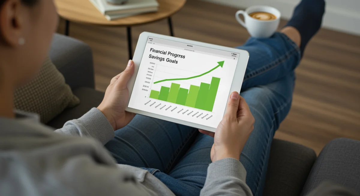 Pessoa sorrindo enquanto revisa relatórios financeiros em um tablet, demonstrando satisfação com o progresso das suas economias e metas atingidas.