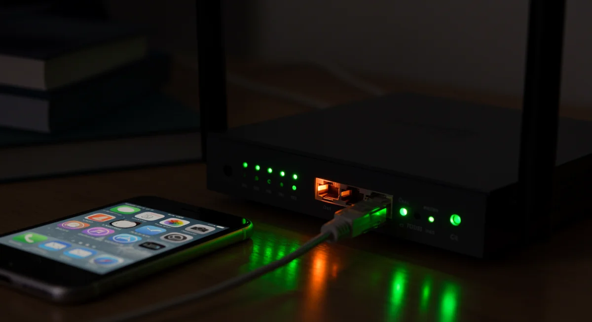 Roteador de internet com luzes indicadoras e um iPhone próximo, simbolizando a conexão de rede.