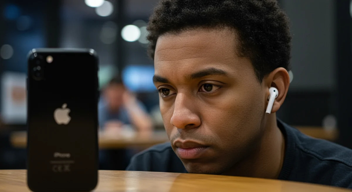 Pessoa com AirPods usando a Siri para controlar o iPhone à distância, em um cenário de trabalho ou estudo.