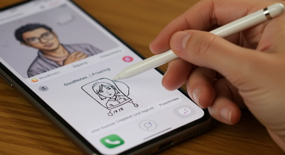 Mão usando stylus avançado no iPhone para anotações digitais e precisão