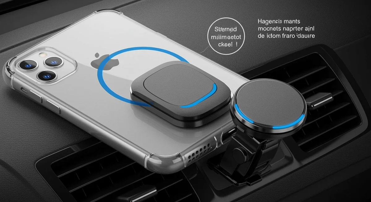 Suporte magnético para iPhone em saída de ar, com placa metálica no celular.
