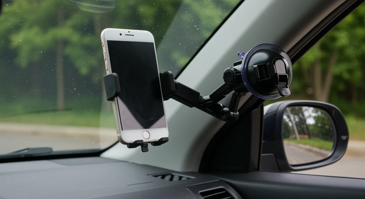 Suporte de celular com ventosa no para-brisa do carro, segurando um iPhone.