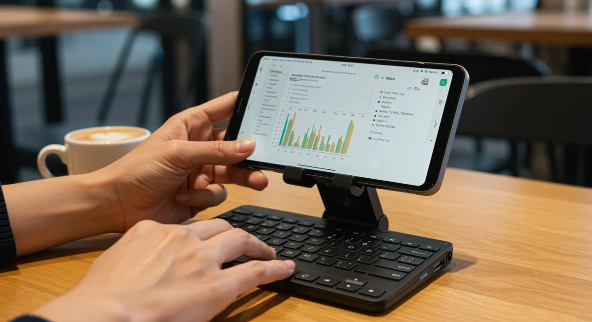 Pessoa digitando em teclado portátil com iPhone em suporte, aumentando a produtividade móvel