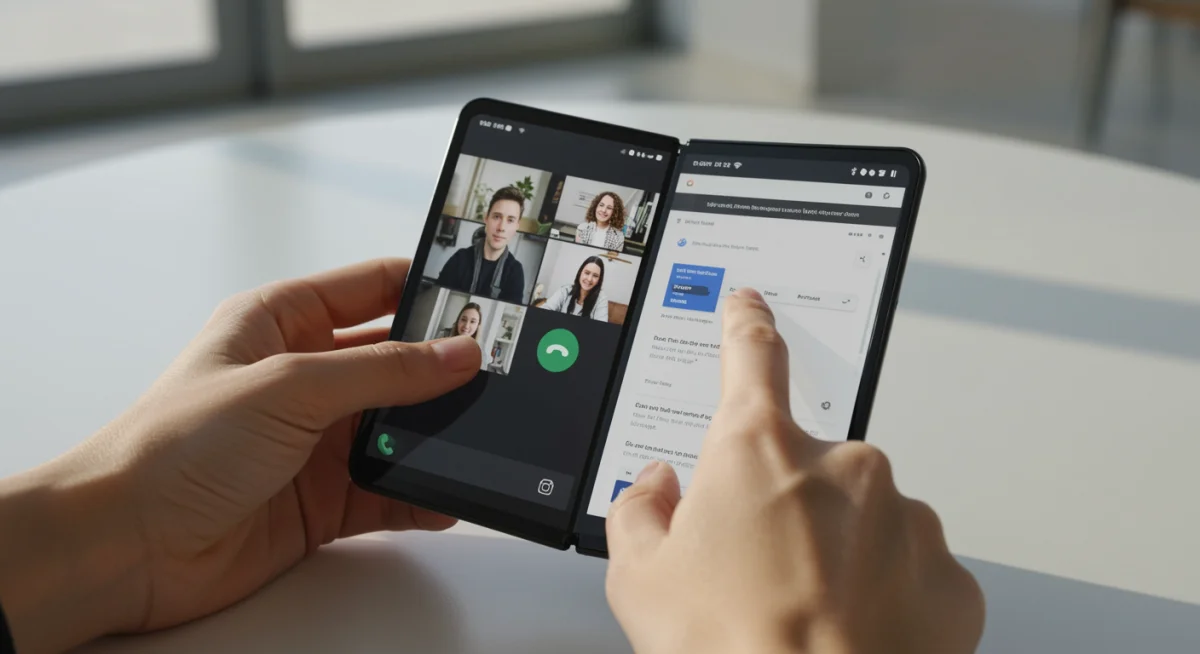 Pessoas usando um smartphone com tela dobrável, mostrando a versatilidade e multitarefas do dispositivo.