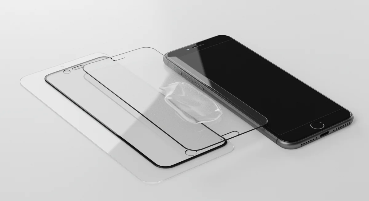 Diferentes tipos de protetores de tela para iPhone, incluindo vidro temperado, hidrogel e privacidade.